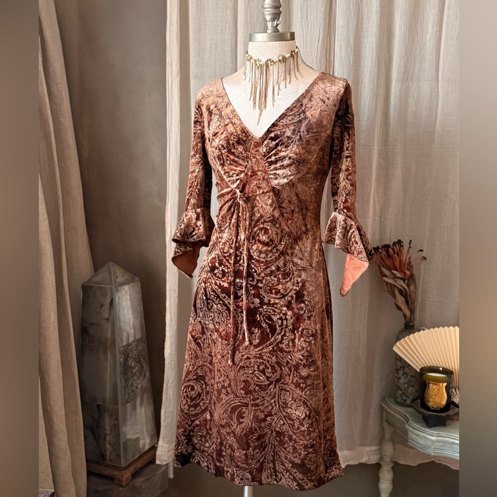 Rare true vintage 90s brown paisley burnout velvet v neck dress bell sleeves y2k